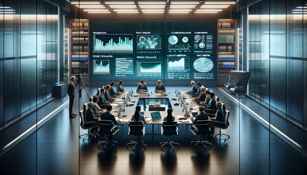 A meeting discusses clinical data analysis with graphs on large screens.