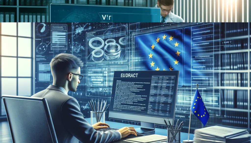 Man in office analyzing EUDRACT data with EU flag, related to Viares clinical research.