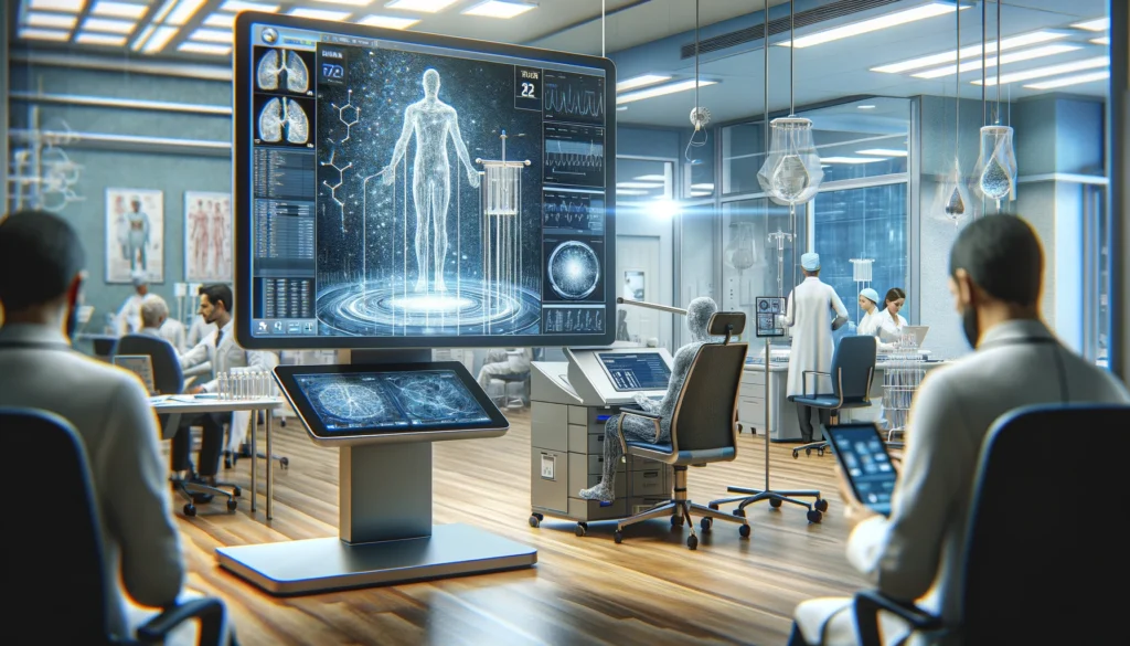 Clinical research setting with a monitor overseeing a trial and a researcher present.