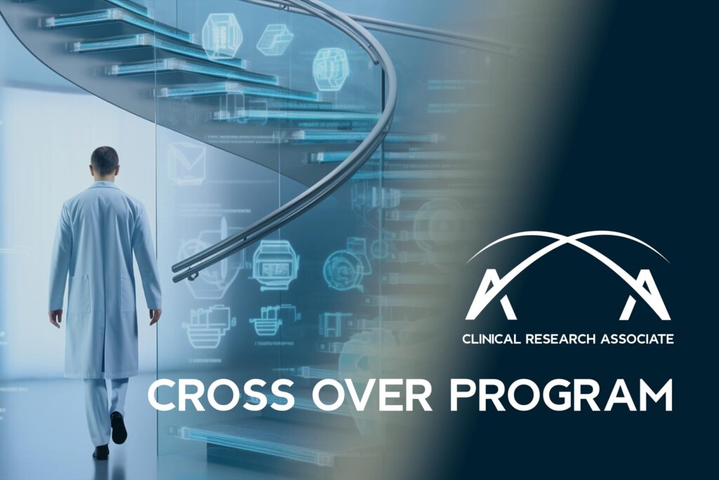 Man in lab coat walking by futuristic diagrams; CROSS OVER PROGRAM text visible.