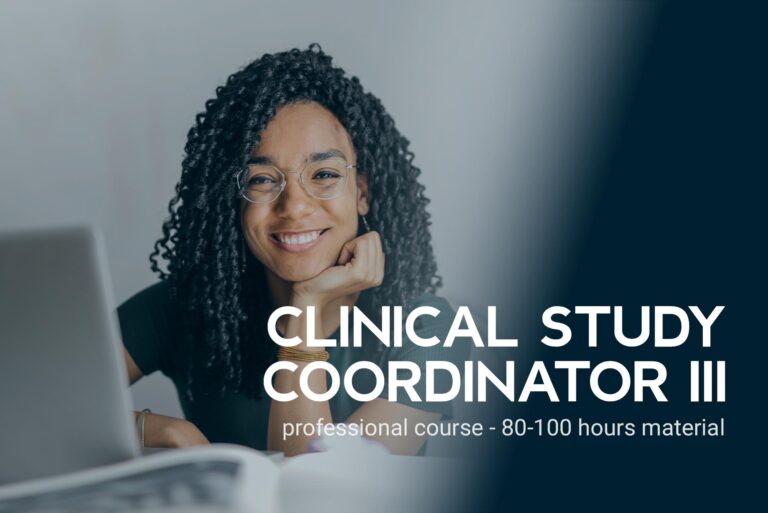 Smiling woman with text: Clinical Study Coordinator III - professional course, 80-100 hours material.
