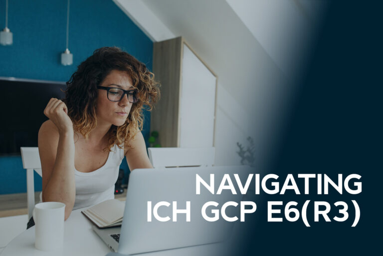 Woman using laptop with text Navigating ICH GCP E6(R3).