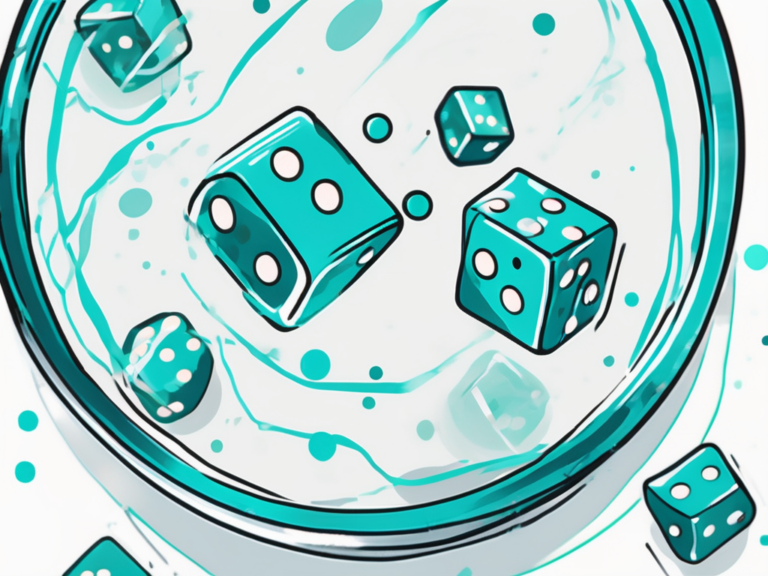Turquoise dice floating, symbolizing randomization in clinical trials.