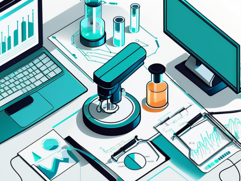 Modern lab equipment on desk with graphs, computers, and test tubes, for clinical research courses.