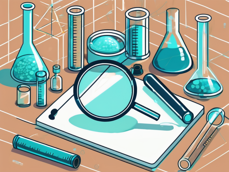 Lab equipment and magnifying glass on a desk related to efficacy in clinical research.