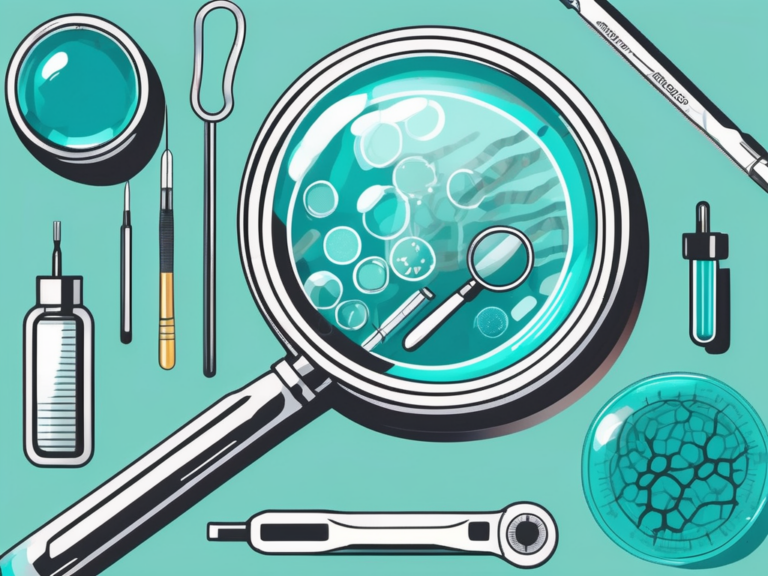 Clinical research tools and magnifying glass illustration.