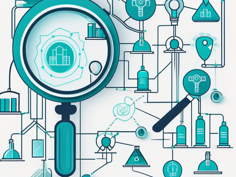 Multicenter trial concept with magnifying glass and interconnected research symbols.