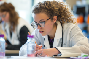 Student in lab coat writing during a clinical research course session.