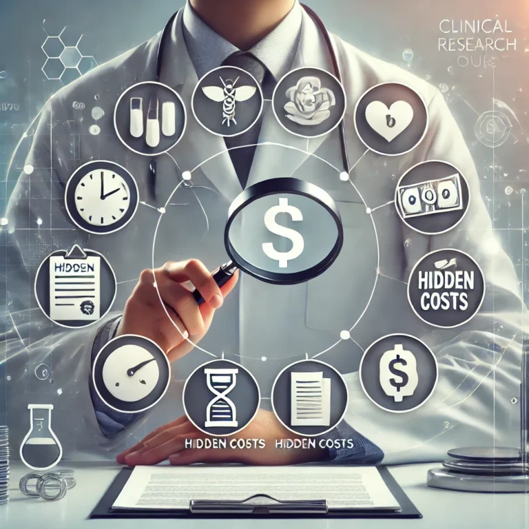 Doctor analyzing hidden costs in clinical research with icons.