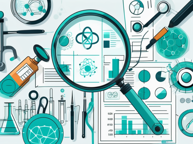 Illustration of data analysis tools and charts related to clinical research.