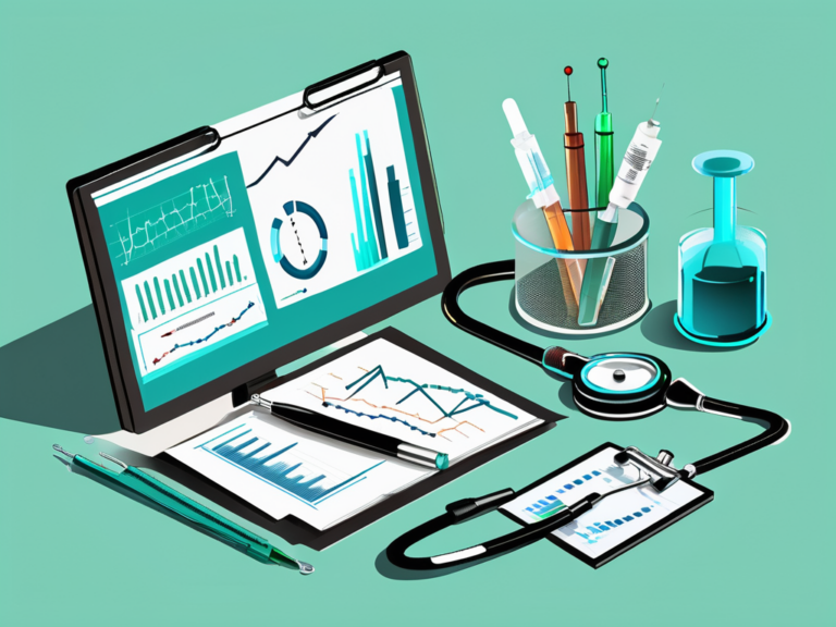 Graphs and medical tools on a desk for data collection.
