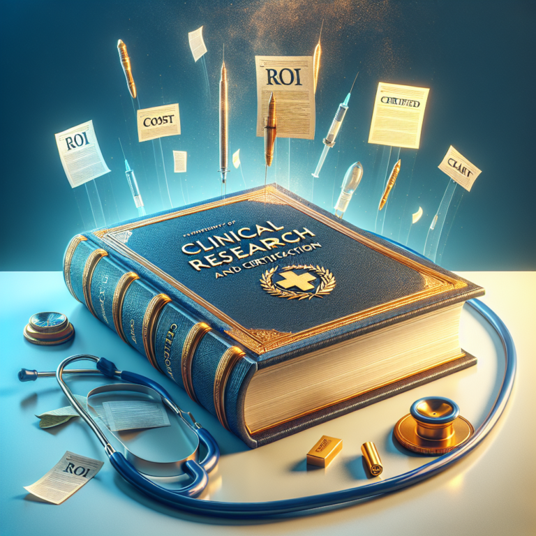 Clinical Research Certification book with floating exam and ROI documents.