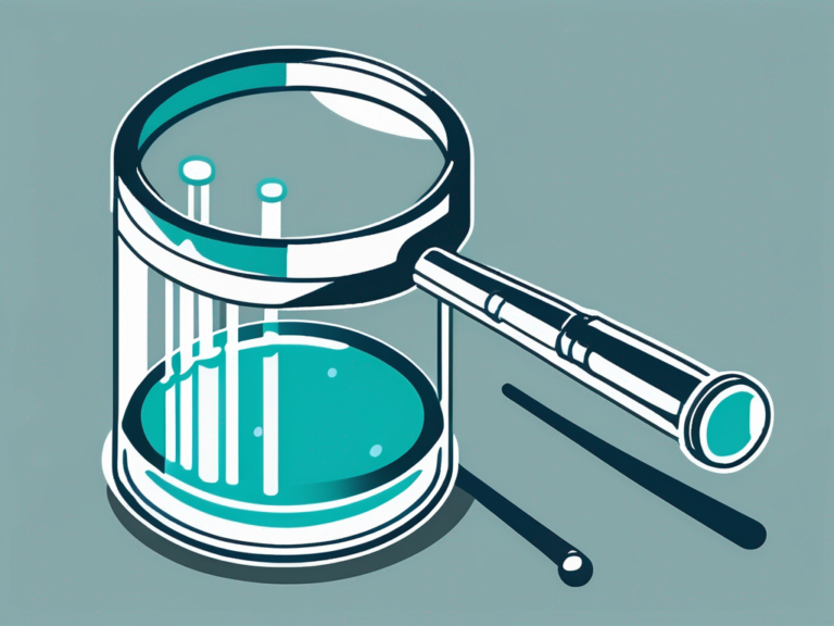 Magnifying glass and beaker illustration for quality control file in clinical research.