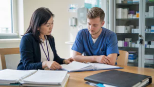 Clinical research associate reviewing the investigator site file with a study nurse during a site monitoring visit