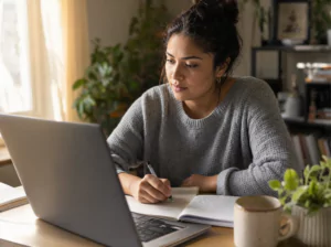 Learner studying an online clinical research associate course on a laptop and taking notes